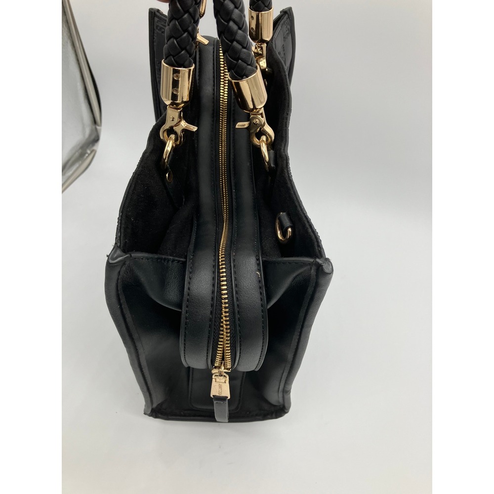 Steve Madden Black Pebbled Faux Leather Tote Bag Gold Hardware Zip Top Handbag - Picture 3 of 10